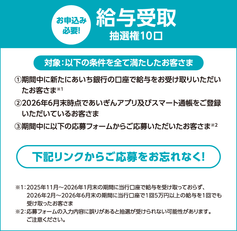 お申込み必要！給与受取抽選券10口. 対象：以下の条件を全て満たしたお客さま. ①期間中に新たにあいち銀行の口座で給与をお受け取りいただいたお客さま※1. ②2026年6月末時点であいぎんアプリ及びスマート通帳をご登録いただいているお客さま. ③期間中に以下の応募フォームからご応募いただいたお客さま※2. 下記リンクからご応募をお忘れなく！ ※1_2025年11月～2026年1月末の期間に当行口座で給与を受け取っておらず、2026年2月～2026年6月末の期間に当行口座で1回5万円以上の給与を1回でも受け取ったお客さま. ※2_応募フォームの入力内容に誤りがあると抽選が受けられない可能性があります。ご注意ください。