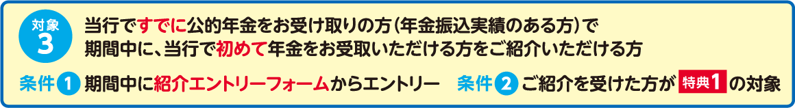 対象3 当行ですでに公的年金をお受け取りの方（年金振込実績のある方）で期間中に、当行で初めて年金をお受取いただける方をご紹介いただける方  条件①期間中に紹介エントリーフォームからエントリー 条件②ご紹介を受けた方が特典1の対象