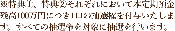 ※特典①、特典②それぞれにおいて本定期預金残高100万円につき1口の抽選権を付与いたします。すべての抽選権を対象に抽選を行います。