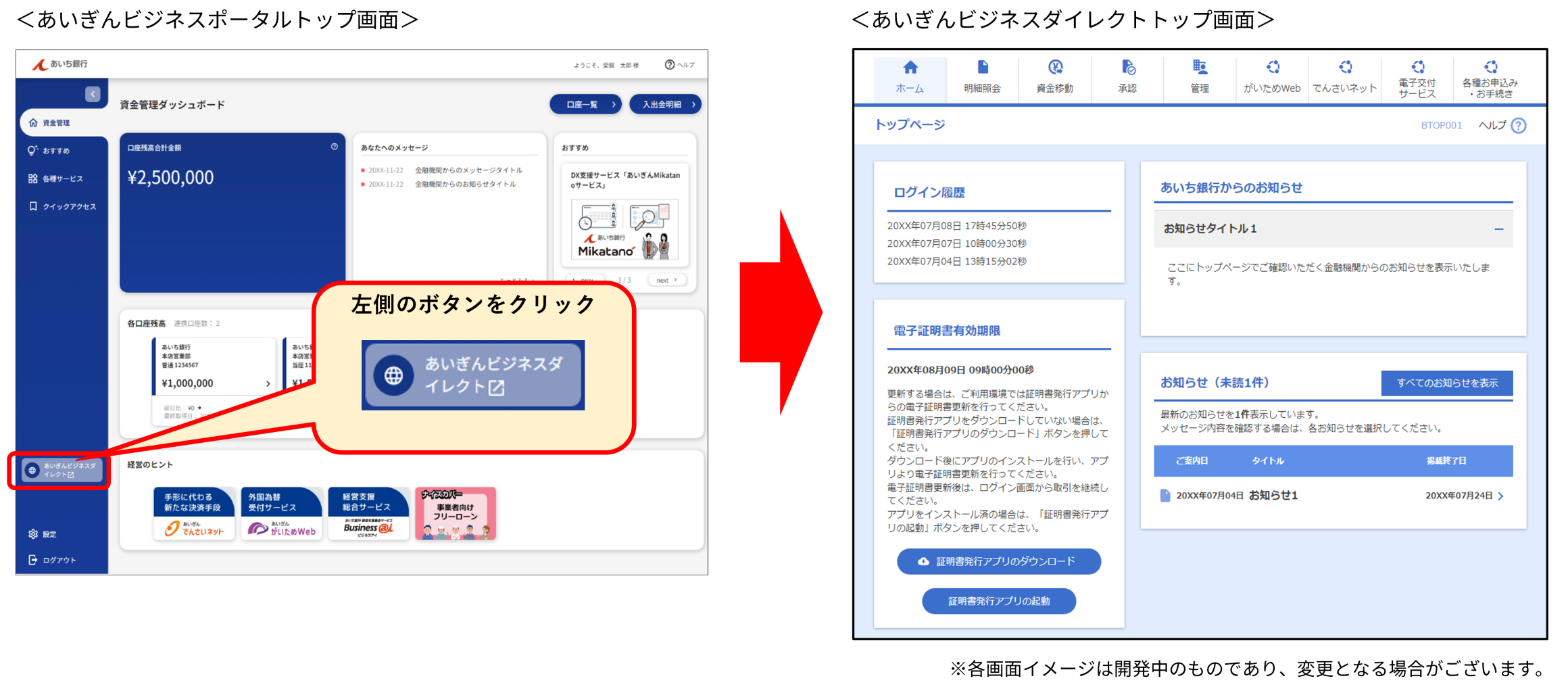 あいぎんビジネスポータルからあいぎんビジネスダイレクトへのログインイメージ