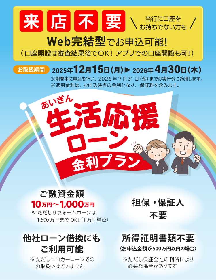 あいぎん生活応援ローン金利プラン。お取扱期間：2025年12月15日（月）から2026年4月30日（木）