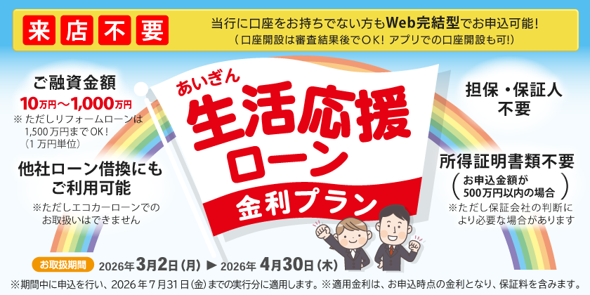 あいぎん生活応援ローン金利プラン。お取扱期間：2026年3月2日（月）から2026年4月30日（木）