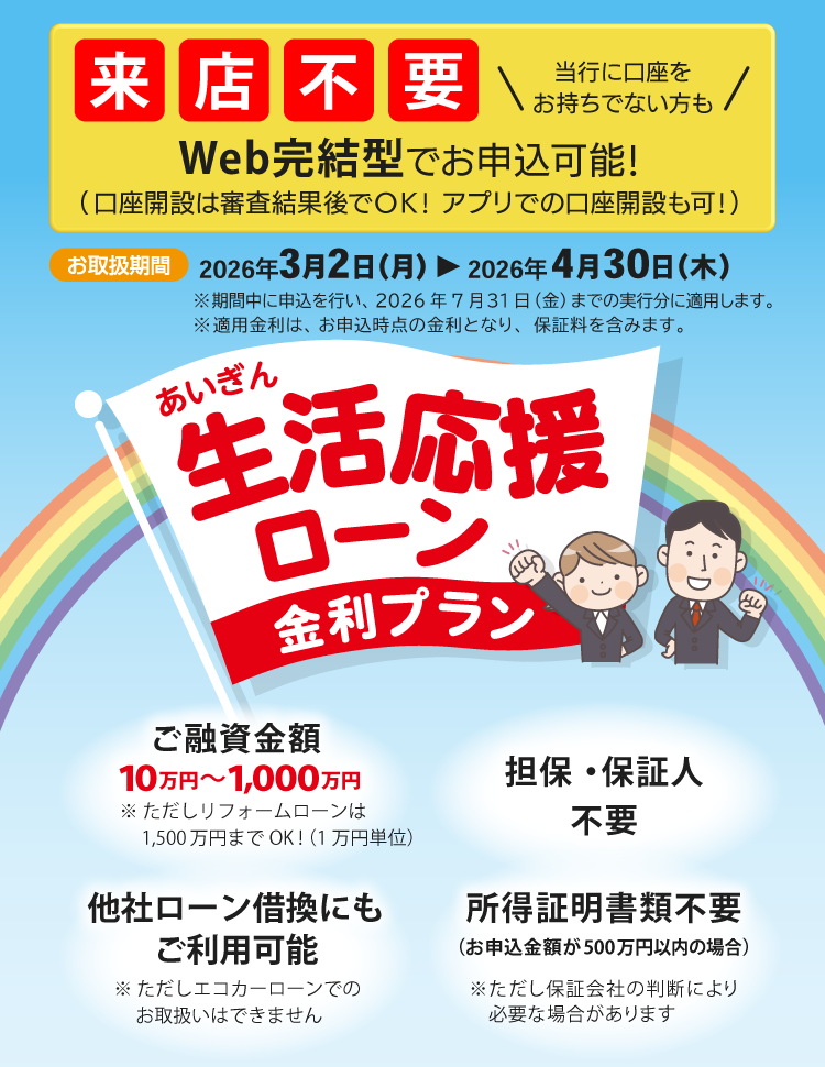 あいぎん生活応援ローン金利プラン。お取扱期間：2026年3月2日（月）から2026年4月30日（木）