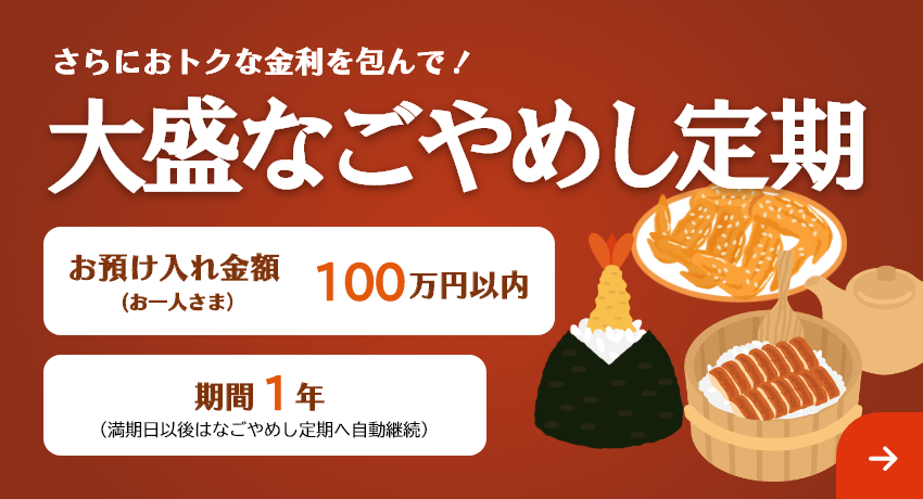 さらにおトクな金利を包んで！「大盛なごやめし定期」お預け入れ金額 お一人さま100万円以内 期間1年（満期日以後はなごやめし定期へ自動継続）。