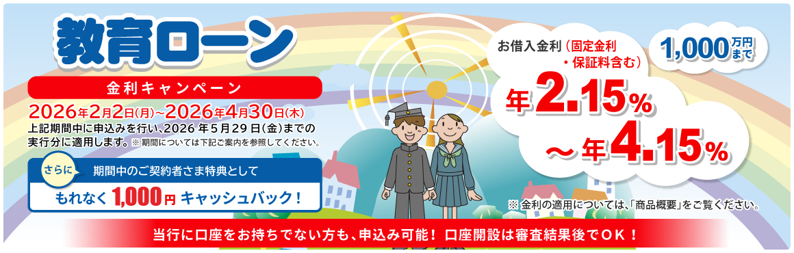 教育ローン 1,000万円まで！お借入金利（固定金利・保証料含む）年2.15％～年4.15％ ※金利の適用については「商品概要」をご覧ください。金利キャンペーン 2026年2月2日（月）～2026年4月30日（木） 上記期間中に申込みを行い、2026年5月29日（金）までの実行分に適用します。※期間については下記ご案内を参照してください。さらに期間中のご契約者さま特典としてもれなく1,000円キャッシュバック！当行に口座をお持ちでない方も、申込み可能！口座開設は審査結果後でOK！