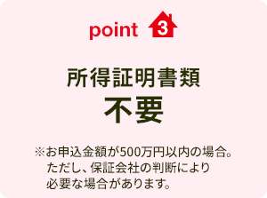 point3 所得証明書類不要 ※お申込金額が500万円以内の場合。 ただし、保証会社の判断により必要な場合があります。