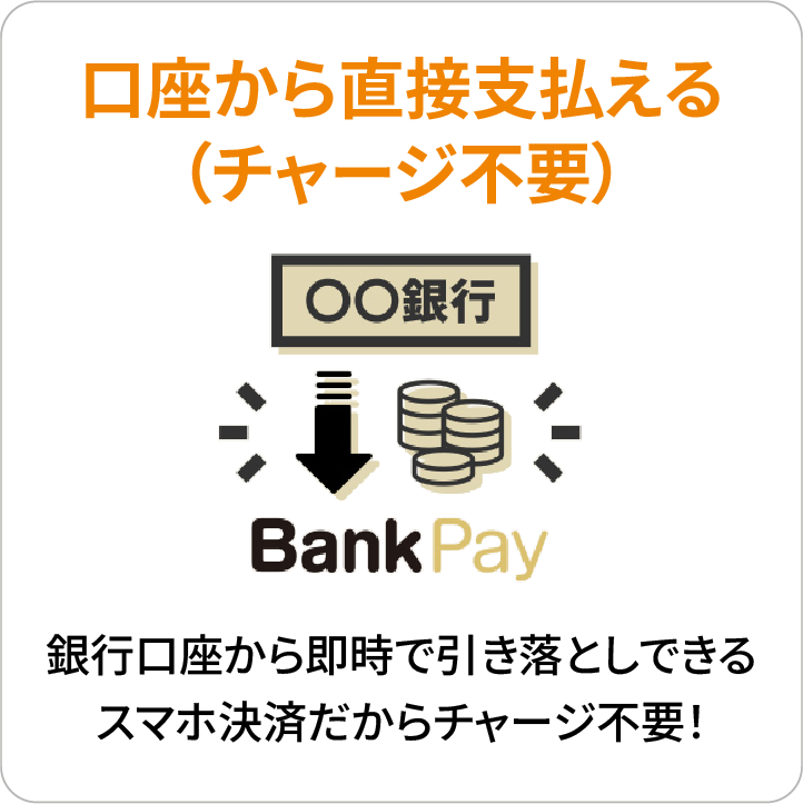口座から直接支払える（チャージ不要）銀行口座から即時で引き落としできるスマホ決済だからチャージ不要！