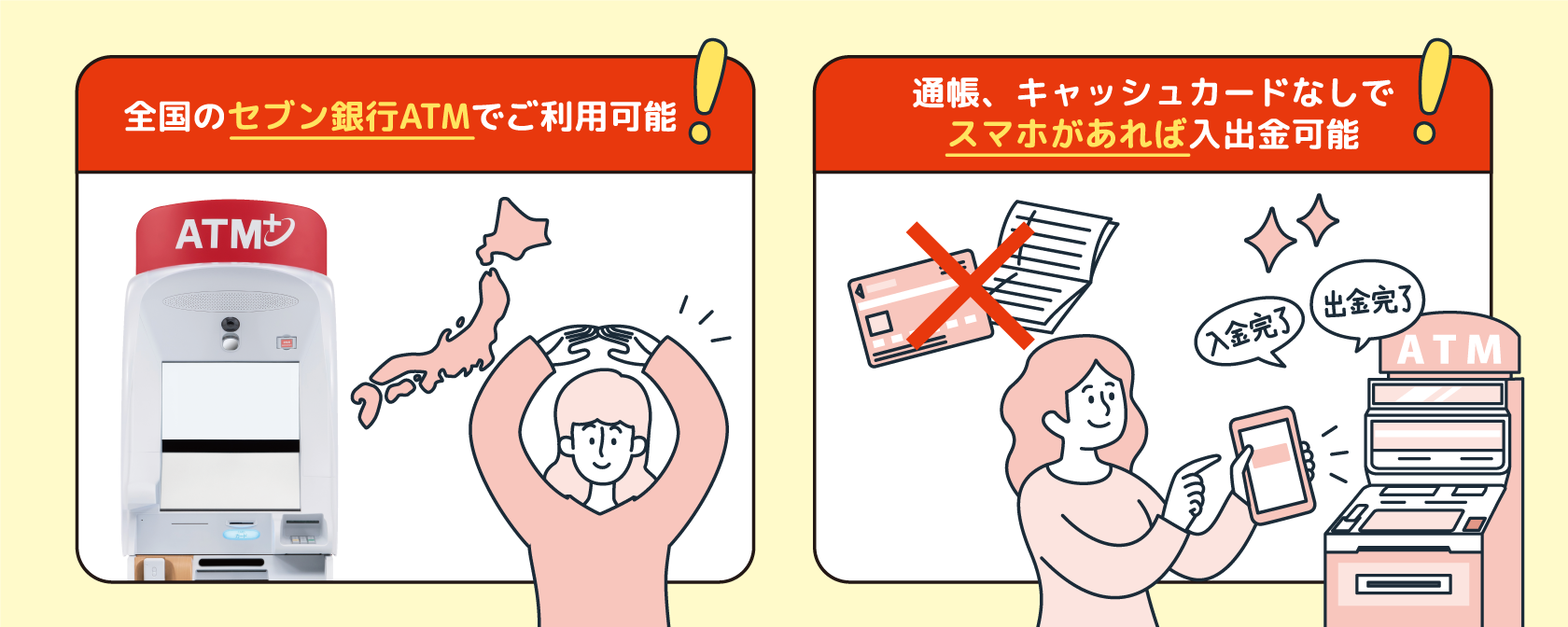 全国のセブン銀行ATMでご利用可能　通帳、キャッシュカードなしでスマホがあれば入出金可能